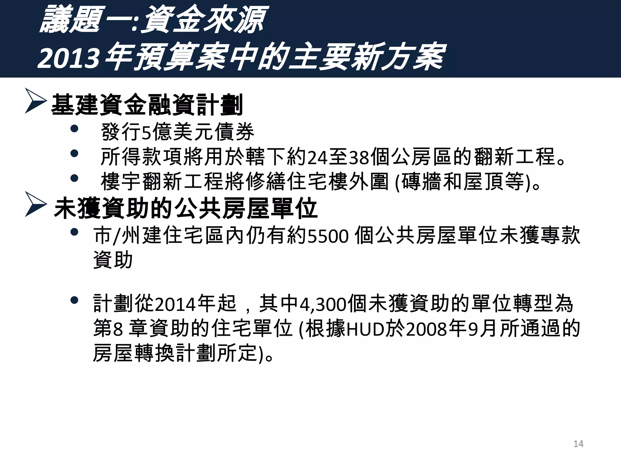議題一:資金來源
2013年預算案中的主要新方案
基建資金融資計劃
• 發行5億美元債券
• 所得款項將用於轄下約24至38個公房區的翻新工程。
• 樓宇翻新工程將修繕住宅樓外圍 (磚牆和屋頂等)。
未獲資助的公共房屋單位
• 市/州建住宅區內仍有約5500 個公共房屋單位未獲專款
資助
• 計劃從2014年起，其中4,300個未獲資助的單位轉型為
第8 章資助的住宅單位 (根據HUD於2008年9月所通過的
房屋轉換計劃所定)。
14
 