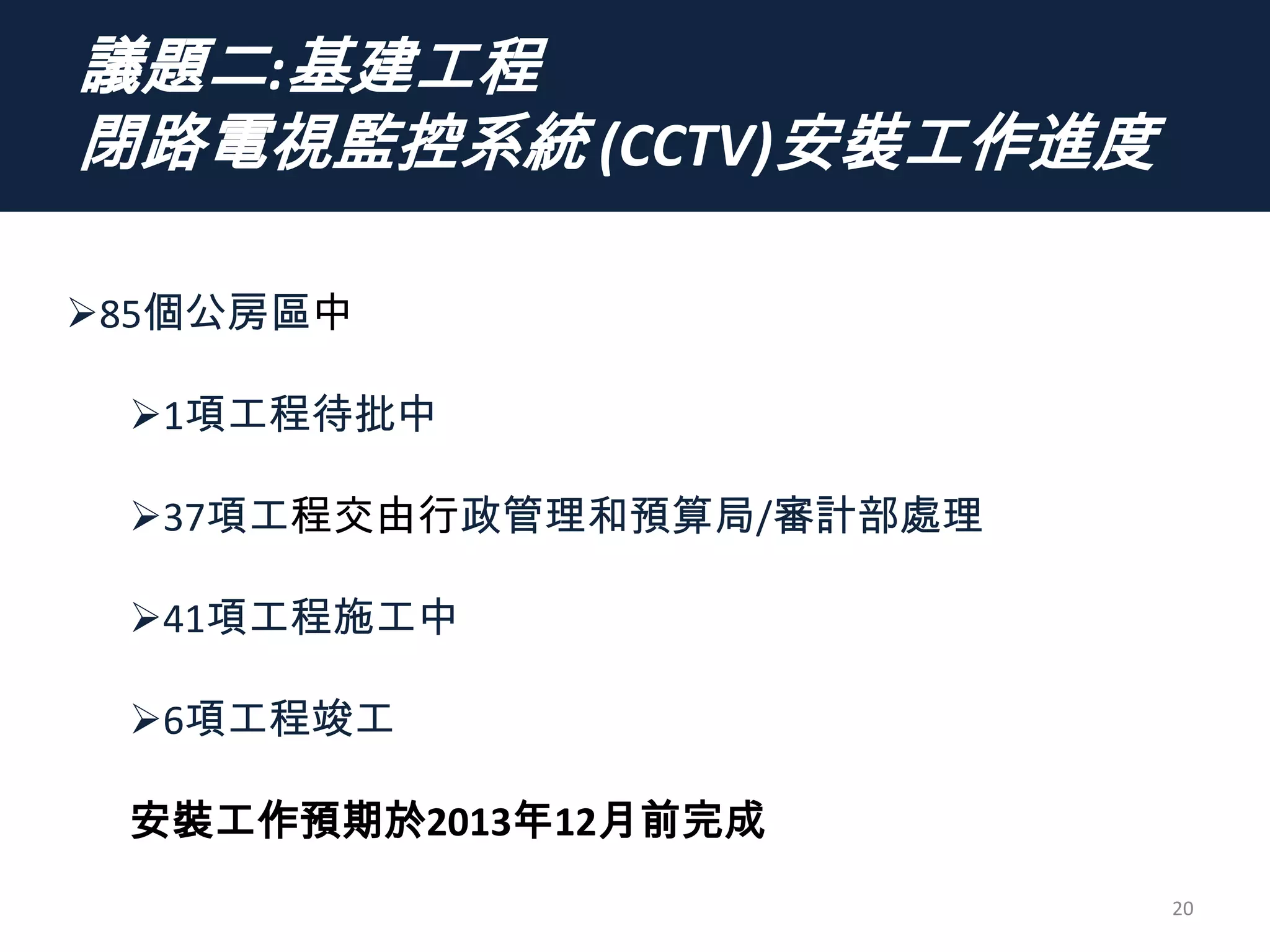 議題二:基建工程
閉路電視監控系統 (CCTV)安裝工作進度
20
85個公房區中
1項工程待批中
37項工程交由行政管理和預算局/審計部處理
41項工程施工中
6項工程竣工
安裝工作預期於2013年12月前完成
 