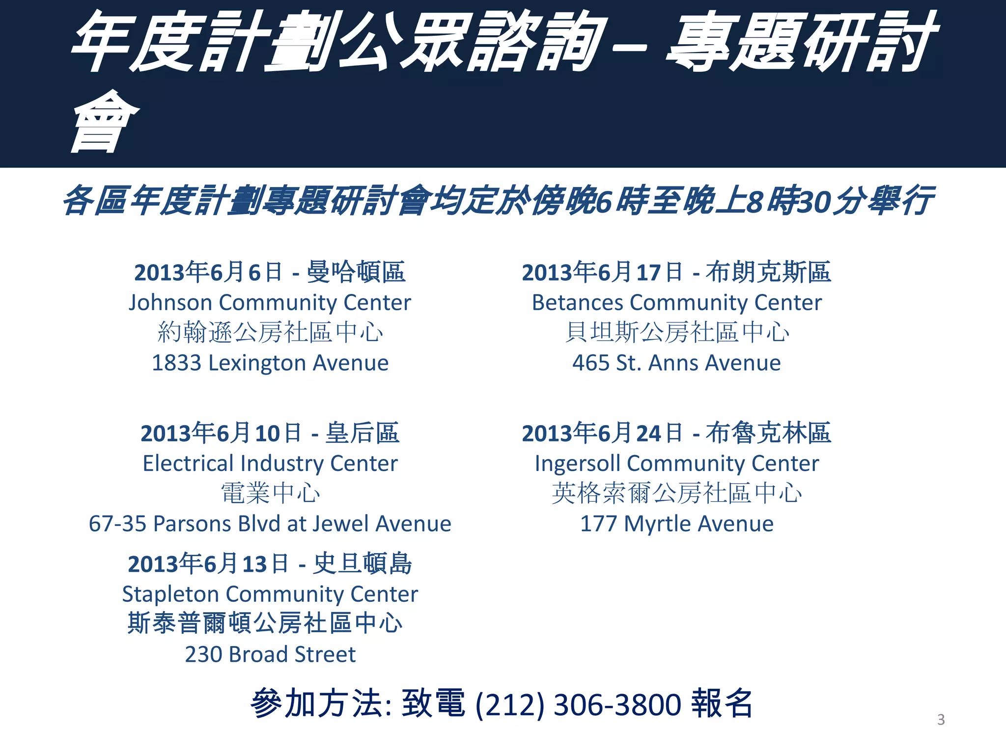 年度計劃公眾諮詢 – 專題研討
會
3
參加方法: 致電 (212) 306-3800 報名
2013年6月6日 - 曼哈頓區
Johnson Community Center
約翰遜公房社區中心
1833 Lexington Avenue
2013年6月17日 - 布朗克斯區
Betances Community Center
貝坦斯公房社區中心
465 St. Anns Avenue
2013年6月10日 - 皇后區
Electrical Industry Center
電業中心
67-35 Parsons Blvd at Jewel Avenue
2013年6月24日 - 布魯克林區
Ingersoll Community Center
英格索爾公房社區中心
177 Myrtle Avenue
2013年6月13日 - 史旦頓島
Stapleton Community Center
斯泰普爾頓公房社區中心
230 Broad Street
各區年度計劃專題研討會均定於傍晚6時至晚上8時30分舉行
 