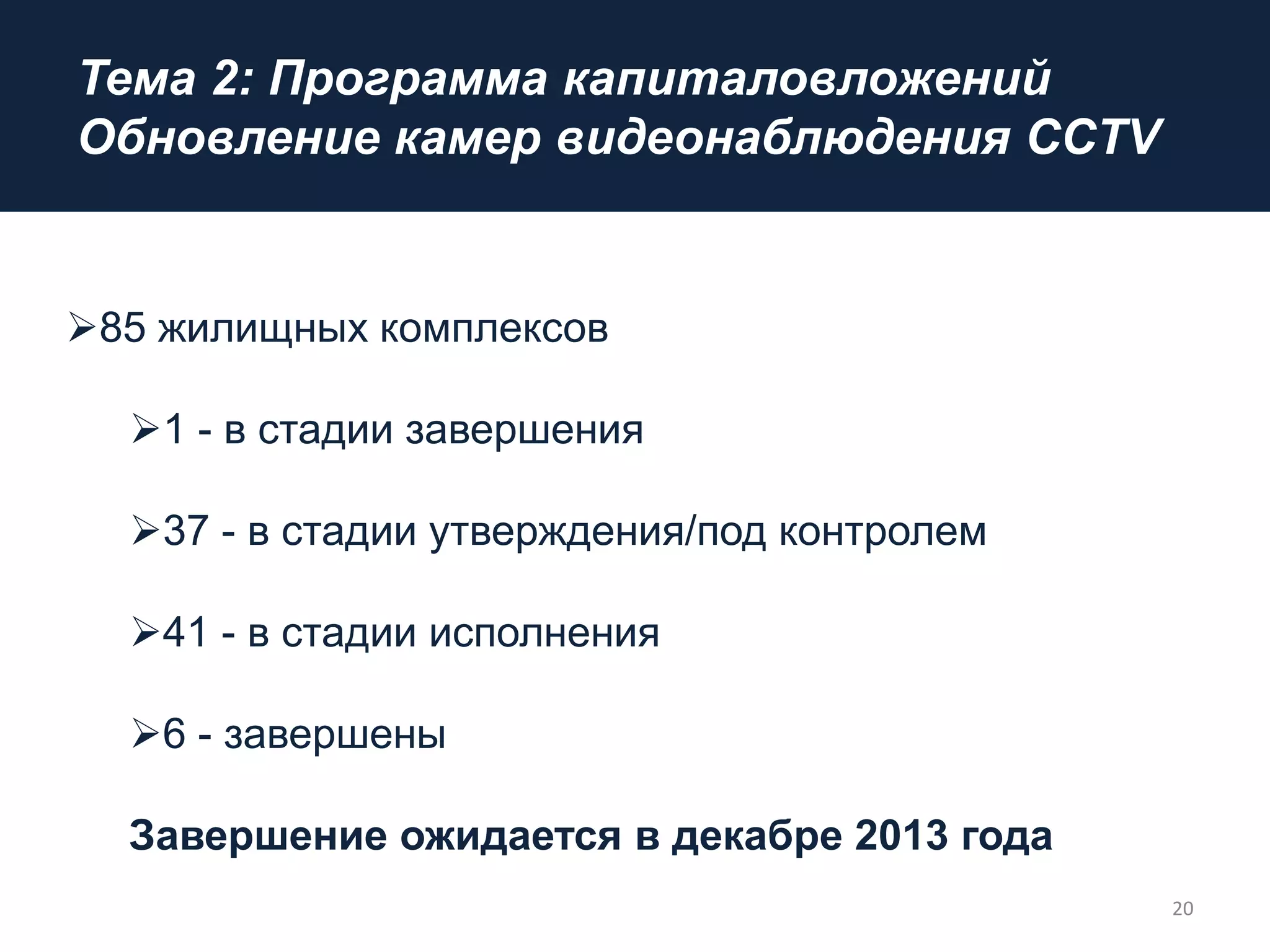 Тема 2: Программа капиталовложений
Обновление камер видеонаблюдения CCTV
20
85 жилищных комплексов
1 - в стадии завершения
37 - в стадии утверждения/под контролем
41 - в стадии исполнения
6 - завершены
Завершение ожидается в декабре 2013 года
 