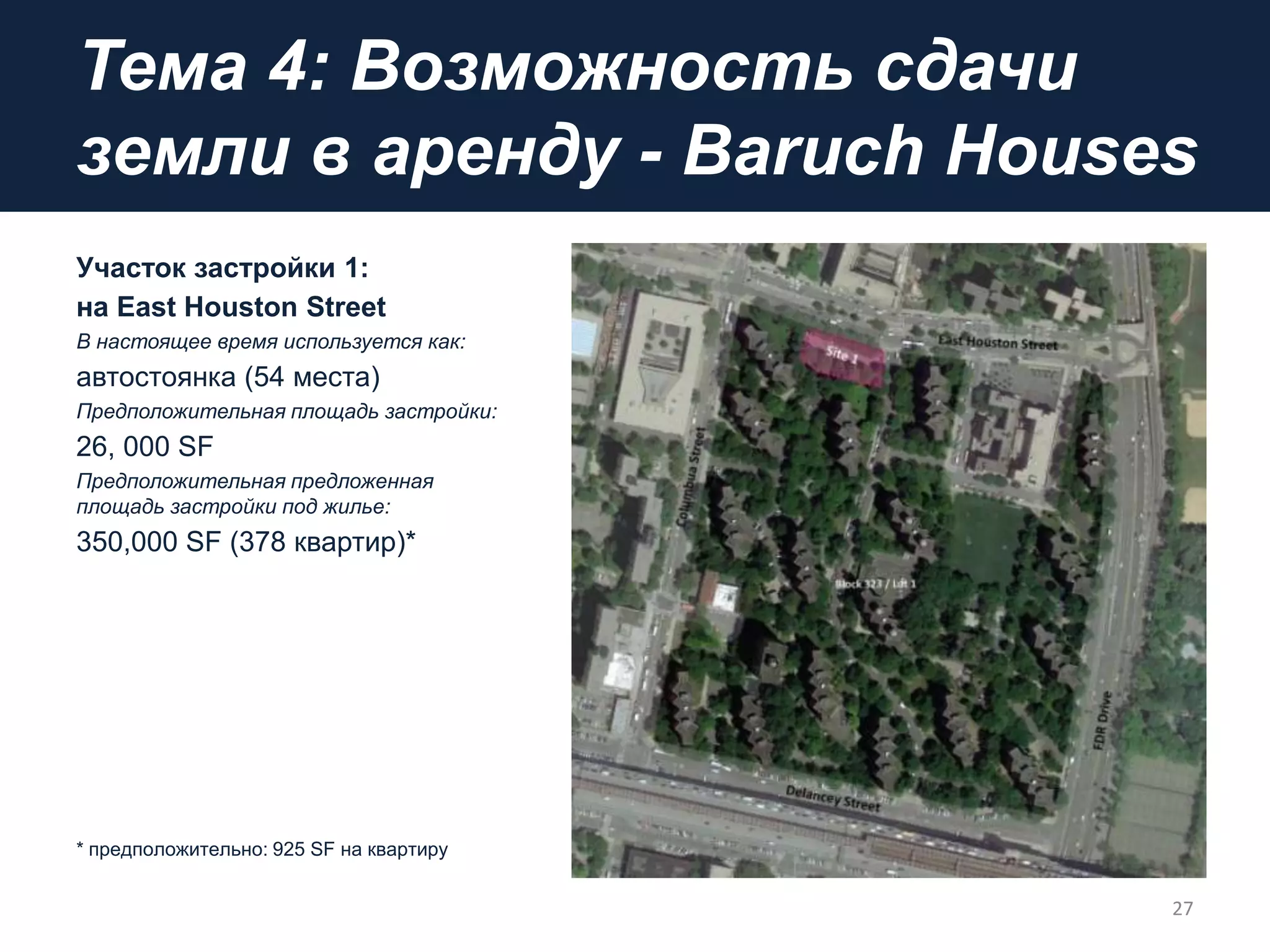 Тема 4: Возможность сдачи
земли в аренду - Baruch Houses
Участок застройки 1:
на East Houston Street
В настоящее время используется как:
автостоянка (54 места)
Предположительная площадь застройки:
26, 000 SF
Предположительная предложенная
площадь застройки под жилье:
350,000 SF (378 квартир)*
* предположительно: 925 SF на квартиру
27
 