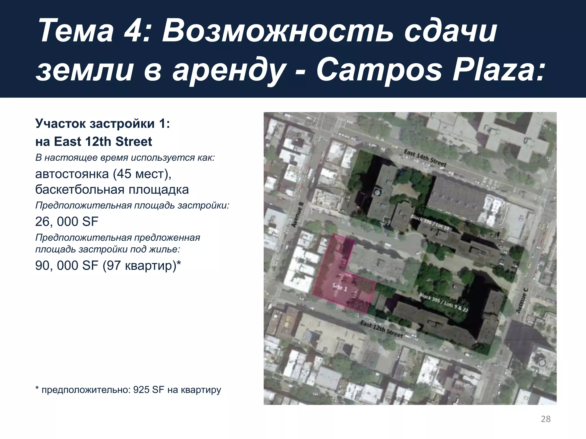 Тема 4: Возможность сдачи
земли в аренду - Campos Plaza:
Участок застройки 1:
на East 12th Street
В настоящее время используется как:
автостоянка (45 мест),
баскетбольная площадка
Предположительная площадь застройки:
26, 000 SF
Предположительная предложенная
площадь застройки под жилье:
90, 000 SF (97 квартир)*
* предположительно: 925 SF на квартиру
28
 