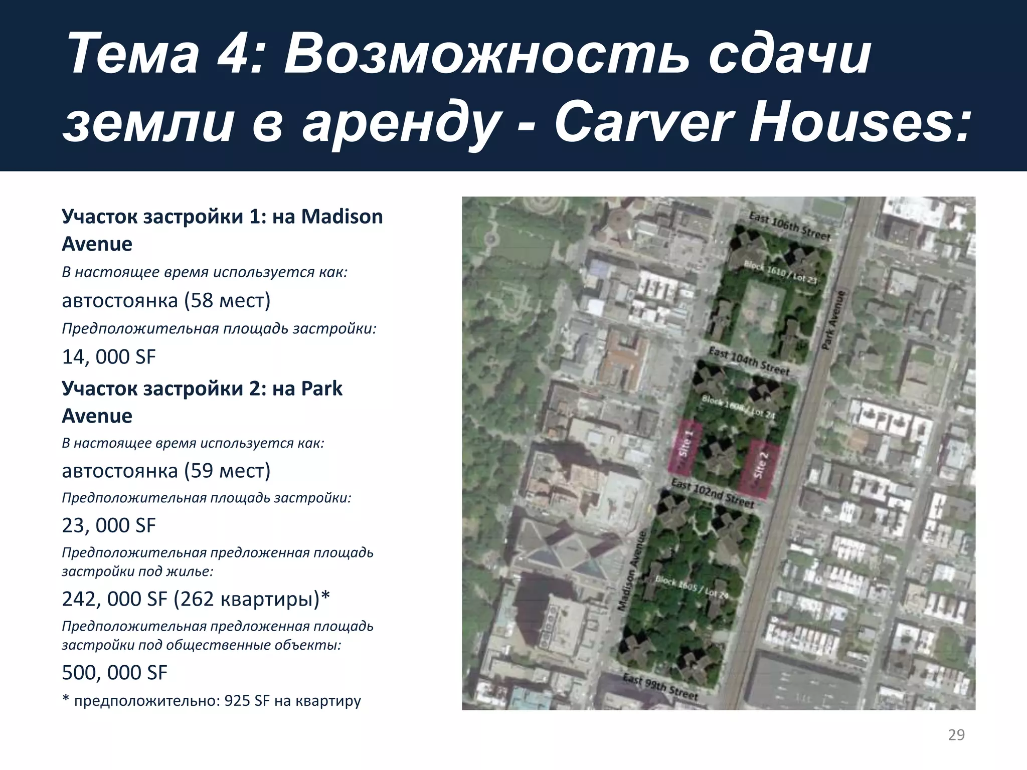 Тема 4: Возможность сдачи
земли в аренду - Carver Houses:
Участок застройки 1: на Madison
Avenue
В настоящее время используется как:
автостоянка (58 мест)
Предположительная площадь застройки:
14, 000 SF
Участок застройки 2: на Park
Avenue
В настоящее время используется как:
автостоянка (59 мест)
Предположительная площадь застройки:
23, 000 SF
Предположительная предложенная площадь
застройки под жилье:
242, 000 SF (262 квартиры)*
Предположительная предложенная площадь
застройки под общественные объекты:
500, 000 SF
* предположительно: 925 SF на квартиру
29
 