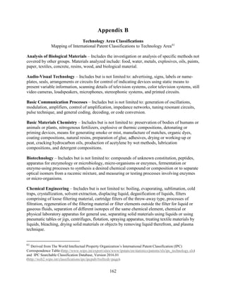 162
Appendix B
Technology Area Classifications
Mapping of International Patent Classifications to Technology Area61
Analysis of Biological Materials – Includes the investigation or analysis of specific methods not
covered by other groups. Materials analyzed include: food, water, metals, explosives, oils, paints,
paper, textiles, concrete, resins, wood, and biological material.
Audio-Visual Technology – Includes but is not limited to: advertising, signs, labels or name-
plates, seals, arrangements or circuits for control of indicating devices using static means to
present variable information, scanning details of television systems, color television systems, still
video cameras, loudspeakers, microphones, stereophonic systems, and printed circuits.
Basic Communication Processes – Includes but is not limited to: generation of oscillations,
modulation, amplifiers, control of amplification, impedance networks, tuning resonant circuits,
pulse technique, and general coding, decoding, or code conversion.
Basic Materials Chemistry – Includes but is not limited to: preservation of bodies of humans or
animals or plants, nitrogenous fertilizers, explosive or thermic compositions, detonating or
priming devices, means for generating smoke or mist, manufacture of matches, organic dyes,
coating compositions, natural resins, preparation of glue, adhesives, drying or working-up or
peat, cracking hydrocarbon oils, production of acetylene by wet methods, lubrication
compositions, and detergent compositions.
Biotechnology – Includes but is not limited to: compounds of unknown constitution, peptides,
apparatus for enzymology or microbiology, micro-organisms or enzymes, fermentation or
enzyme-using processes to synthesis a desired chemical compound or composition or to separate
optical isomers from a racemic mixture, and measuring or testing processes involving enzymes
or micro-organisms.
Chemical Engineering – Includes but is not limited to: boiling, evaporating, sublimation, cold
traps, crystallization, solvent extraction, displacing liquid, degasification of liquids, filters
comprising of loose filtering material, cartridge filters of the throw-away type, processes of
filtration, regeneration of the filtering material or filter elements outside the filter for liquid or
gaseous fluids, separation of different isotopes of the same chemical element, chemical or
physical laboratory apparatus for general use, separating solid materials using liquids or using
pneumatic tables or jigs, centrifuges, flotation, spraying apparatus, treating textile materials by
liquids, bleaching, drying solid materials or objects by removing liquid therefrom, and plasma
technique.
61
Derived from The World Intellectual Property Organization’s International Patent Classification (IPC)
Correspondence Table (http://www.wipo.int/export/sites/www/ipstats/en/statistics/patents/xls/ipc_technology.xls)
and IPC Searchable Classification Database, Version 2016.01
(http://web2.wipo.int/classifications/ipc/ipcpub/#refresh=page).
 