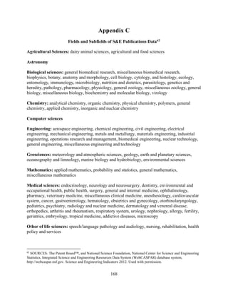168
Appendix C
Fields and Subfields of S&E Publications Data62
Agricultural Sciences: dairy animal sciences, agricultural and food sciences
Astronomy
Biological sciences: general biomedical research, miscellaneous biomedical research,
biophysics, botany, anatomy and morphology, cell biology, cytology, and histology, ecology,
entomology, immunology, microbiology, nutrition and dietetics, parasitology, genetics and
heredity, pathology, pharmacology, physiology, general zoology, miscellaneous zoology, general
biology, miscellaneous biology, biochemistry and molecular biology, virology
Chemistry: analytical chemistry, organic chemistry, physical chemistry, polymers, general
chemistry, applied chemistry, inorganic and nuclear chemistry
Computer sciences
Engineering: aerospace engineering, chemical engineering, civil engineering, electrical
engineering, mechanical engineering, metals and metallurgy, materials engineering, industrial
engineering, operations research and management, biomedical engineering, nuclear technology,
general engineering, miscellaneous engineering and technology
Geosciences: meteorology and atmospheric sciences, geology, earth and planetary sciences,
oceanography and limnology, marine biology and hydrobiology, environmental sciences
Mathematics: applied mathematics, probability and statistics, general mathematics,
miscellaneous mathematics
Medical sciences: endocrinology, neurology and neurosurgery, dentistry, environmental and
occupational health, public health, surgery, general and internal medicine, ophthalmology,
pharmacy, veterinary medicine, miscellaneous clinical medicine, anesthesiology, cardiovascular
system, cancer, gastroenterology, hematology, obstetrics and gynecology, otorhinolaryngology,
pediatrics, psychiatry, radiology and nuclear medicine, dermatology and venereal disease,
orthopedics, arthritis and rheumatism, respiratory system, urology, nephrology, allergy, fertility,
geriatrics, embryology, tropical medicine, addictive diseases, microscopy
Other of life sciences: speech/language pathology and audiology, nursing, rehabilitation, health
policy and services
62
SOURCES: The Patent Board™, and National Science Foundation, National Center for Science and Engineering
Statistics, Integrated Science and Engineering Resources Data System (WebCASPAR) database system,
http://webcaspar.nsf.gov. Science and Engineering Indicators 2012. Used with permission.
 