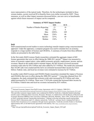 18
more representative of the typical study. Therefore, for the technologies included in these
sixteen studies, society received $9 in benefits from every dollar invested by NIST. These
measures, as well as other impact measures discussed below, can now serve as benchmarks
against which future measures of impact can be compared.
Summary of NIST Impact Studies
DoD
DoD commissioned several studies to assess technology transfer impacts using a macroeconomic
approach. Under this approach, a computer program was used to simulate how an economy
responds to a large number of licenses and CRADAs. A summary of results from three different
studies are presented in the table below.
In the first study (DoD Licenses Study) researchers estimated the aggregate impact of 602
license agreements that were in effect during the 2000-2011 period.24
Impact was measured in
terms of economic output (sales), value added (economic growth), employment, income, and tax
revenues. Based on the model used to estimate impact, the 602 licenses reviewed increased
economy-wide sales by $36.3 billion and value added by $17.4 billion. The model also estimated
that 163,067 jobs were created and this led to an estimated increased labor income by $10.6
billion. Federal, state, and local tax revenues were estimated to increase by $3.7 billion.
In another study (DoD Licenses and CRADA Study) researchers simulated the impact of licenses
and CRADAs that were in effect during the 2000-2011 period.25
Using data obtained from 361
companies, the study estimated that economy-wide sales increased by $2.9 billion and value
added increased by $1.6 billion. There were 17,818 jobs created that increased labor income by
$1.0 billion. Federal state and local tax revenues increased by $331 million.
24
National Economic Impacts from DoD License Agreements with U.S. Industry: 2000-2011,
http://nist.gov/tpo/publications/upload/National-Economic-Impacts-from-DOD-License-Agreements-2013.pdf.
This and other economic-impact studies were conducted for DoD by TechLink, a federally funded technology
transfer center at Montana State University, Bozeman, Montana, in collaboration with the Bureau of Business and
Economic Research (BBER) at the University of Montana, Missoula, Montana. Since 1999, TechLink has served
as DoD’s principal national “partnership intermediary,” helping to develop technology transfer partnerships
between DoD’s laboratories and U.S. industry nationwide. TechLink’ s primary focus is helping DoD labs to
transfer their inventions to U.S. companies through license agreements. TechLink currently brokers or facilitates
approximately 60% of all DoD license agreements with industry. See: http://techlinkcenter.org/economic-
impacts.
25
http://nist.gov/tpo/publications/upload/TechLink_Economic_Impact_Report_2012.pdf
SRR BCR
Number of Studies Reporting 13 16
Min 27% 4
Max 1056% 249
Mean 254% 46
Std Dev 327% 69
Median 154% 9
 