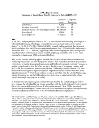 20
NASA Impact Studies
Summary of Quantifiable Benefits Featured in Spinoff (2007-2010)
NIH
In FY 2014, NIH played a pivotal role in the U.S. medical innovation sector by investing $30.4
billion in R&D, making it the largest source of biomedical research funding in the United
States.29
In FY 2014, 82% ($24.5 billion) of NIH’s research budget supported the extramural
activities of more than 300,000 research personnel at more than 2,500 universities and research
institutions with 11% ($3.4 billion) supporting NIH’s intramural program, which managed the
largest institution for biomedical science on earth, employing a scientific staff of over 1,200
principal investigators and 4,000 post-doctoral fellows.
NIH focuses on basic and early applied research activities which have led to the discovery of
underlying mechanisms and new therapies for disease. NIH researchers have typically relied on
publications to transfer discoveries to companies and the broader research community engaged in
applied research, and in turn, this effort has led to the discovery of new drugs, vaccines and
devices for the treatment and prevention of diseases. Technology transfer efforts at NIH have
therefore historically placed a greater emphasis on publications and citations than other more
typical mechanisms.29
While these continue to play an important role, the advent of technology
transfer legislation has led the NIH to play a more active role in capturing the value of new
inventions through patenting and licensing.
In more recent years, technological advances brought about by the biotechnology revolution
have changed the role of public and private researchers with the ability to transfer basic research
discoveries more readily to applied and developmental research. Now, NIH’s Intramural
Research Program (IRP) plays a more direct role in the applied-research phase of drug discovery
and makes significant contributions to the development of biomedical products.30
29
In FY 2014, NIH’s total R&D budget was 96% ($30.4 billion) of the total HHS R&D budget ($31.5 billion).
30
In an effort to enhance its ability to measure the impact of research publications, researchers at NIH have recently
developed a new metric called the Relative Citation Ratio (RCR). The RCR normalizes a publication’s citation
numbers across disciplines, so that publications from biomedical fields with different citation rates can be compared.
It is calculated by dividing the number of citations a paper received by the average number of citations an article
usually receives in that field. That number is then benchmarked against the median RCR for all NIH-funded papers.
This allows articles to be assessed on the basis of their relevance in their own field, and highly influential articles
will be recognized even if they are published in an obscure journal. The development of the RCR metric is still at an
early stage and needs improvement. If successful, it will be one of the many tools that NIH uses to monitor and
assess impact. Other developments include tools to measure the impact of intramural publications, content analysis,
and econometric analysis to assess publication rates.
Estimated
Impact
Companies
Reporting
Jobs Created 9,200 75
Revenue Generated $1.2 billion 83
Productivity and Efficiency Improvements $6.2 billion 46
Lives Saved 12,000 20
Lives Improved 86 million 18
 