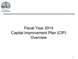 22
FY 2014 Proposed Capital Improvement Plan
• Total Proposed FY 2014 CIP budget is $39,831,802 across all funds.
• Propos...