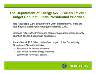 The Department of Energy $27.9 Billion FY 2015
Budget Request Funds Presidential Priorities
•

The Request is 2.6% above t...