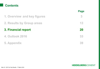 Slide 19 - 2015 Full Year Results - 17 March 2016
Contents
Page
1. Overview and key figures 3
2. Results by Group areas 13
3. Financial report 20
4. Outlook 2016 33
5. Appendix 39
 