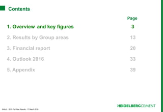 Slide 2 - 2015 Full Year Results - 17 March 2016
Contents
Page
1. Overview and key figures 3
2. Results by Group areas 13
3. Financial report 20
4. Outlook 2016 33
5. Appendix 39
 