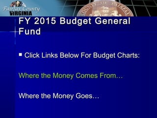 FY 2015 Budget GeneralFY 2015 Budget General
FundFund
 Click Links Below For Budget Charts:Click Links Below For Budget Charts:
Where the Money Comes From…Where the Money Comes From…
Where the Money Goes…Where the Money Goes…
 