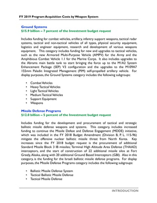 INTRODUCTION
FY 2019 Program Acquisition Costs by Weapon System
Ground Systems
$15.9 billion – 7 percent of the Investment budget request
Includes funding for combat vehicles, artillery, infantry support weapons, tactical radar
systems, tactical and non-tactical vehicles of all types, physical security equipment,
logistics and engineer equipment, research and development of various weapons
equipment. This category includes funding for new and upgrades to tactical vehicles,
such as the new Armored Multi-Purpose Vehicle (AMPV) for the Army and the
Amphibious Combat Vehicle 1.1 for the Marine Corps. It also includes upgrades to
the Abrams main battle tank to start bringing the force up to the M1A2 System
Enhancement Package (SEP) V3 configuration and the upgrades to the M109A7
155mm Paladin Integrated Management (PIM) self-propelled artillery vehicle. For
display purposes, the Ground Systems category includes the following subgroups:
• CombatVehicles
• Heavy Tactical Vehicles
• Light Tactical Vehicles
• Medium Tactical Vehicles
• Support Equipment
• Weapons
Missile Defense Programs
$12.0 billion – 5 percent of the Investment budget request
Includes funding for the development and procurement of tactical and strategic
ballistic missile defense weapons and systems. This category, includes increased
funding to continue the Missile Defeat and Defense Engagement (MDDE) initiative,
which was included in the FY 2018 Budget Amendment (Division B, P. L. 115-96)
mitigate the offensive nuclear ballistic missile threat from North Korea. Key
increases since the FY 2018 budget request is the procurement of additional
Standard Missile Block 3 IB missiles; Terminal High Altitude Area Defense (THAAD)
interceptors, and the start of construction of 22 additional missile silos at Fort
Greely, Alaska, along with 20 additional Ground Based Interceptors (GBI). Also in this
category, is the funding for the Israeli ballistic missile defense programs. For display
purposes, the Missile Defense Programs category includes the following subgroups:
• Ballistic Missile Defense System
• Tactical Ballistic Missile Defense
• Tactical Missile Defense
 