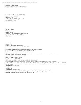 14
null Standalone Financial Statements for period 01/04/2020 to 31/03/2021
By the order of the Board
For Prepay Payment Services Private Limited
Dileep Kumar Sharma Date: 04.11.2021
DirectorPlace: New Delhi
08042827
DIN:
Address: A3/26, Alok Kunj, Sector-15,
Rohini, Delhi -110089
Ashish Chaudhry
Director
DIN: 08818560
Address: D-2/14, Vashisht Park, Pankha Road
Opposite Janak Cinema, Nangal Raya
Delhi-110046
Annexure I
Form MGT9
EXTRACT OF ANNUAL RETURN
As on the financial year ended on March 31, 2020
(Pursuant to section 92(3) of the Companies Act, 2013 and rule 12(1) of the
Companies (Management and Administration) Rules, 2014)
_________________________________________________________________________________________
REGISTRATION AND OTHER DETAIL
CIN : U74999DL2018PTC335234
Registration date : 13.06.2018
Name of the company : Prepay Payment Services Private Limited
Category/Sub-Category of the Company : Company Limited by Shares/Indian Non-Government Company
Address of the registered office : Unit No. 306, 3rd Floor, RG Trade Tower, Netaji Subhash Place, Pitampura, Delhi - 110034
Contact details :
Telephone: 91-8130285032
Fax: Nil
Website: Nil
Whether listed company : No
Name, Address and Contact details of the Registrar and Transfer Agent, if any: Not Applicable
PRINCIPAL BUSINESS ACTIVITIES OF THE COMPANY
 