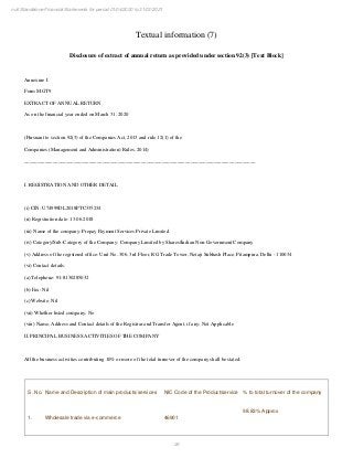 26
null Standalone Financial Statements for period 01/04/2020 to 31/03/2021
Textual information (7)
Disclosure of extract of annual return as provided under section 92(3) [Text Block]
Annexure I
Form MGT9
EXTRACT OF ANNUAL RETURN
As on the financial year ended on March 31, 2020
(Pursuant to section 92(3) of the Companies Act, 2013 and rule 12(1) of the
Companies (Management and Administration) Rules, 2014)
_________________________________________________________________________________________
I. REGISTRATION AND OTHER DETAIL
(i) CIN: U74999DL2018PTC335234
(ii) Registration date: 13.06.2018
(iii) Name of the company: Prepay Payment Services Private Limited
(iv) Category/Sub-Category of the Company: Company Limited by Shares/Indian Non-Government Company
(v) Address of the registered office: Unit No. 306, 3rd Floor, RG Trade Tower, Netaji Subhash Place, Pitampura, Delhi - 110034
(vi) Contact details:
(a) Telephone: 91-8130285032
(b) Fax: Nil
(c) Website: Nil
(vii) Whether listed company: No
(viii) Name, Address and Contact details of the Registrar and Transfer Agent, if any: Not Applicable
II. PRINCIPAL BUSINESS ACTIVITIES OF THE COMPANY
All the business activities contributing 10% or more of the total turnover of the company shall be stated:
S. No. Name and Description of main products/services NIC Code of the Product/service % to total turnover of the company
1. Wholesale trade via e-commerce 46901
98.83% Approx
 