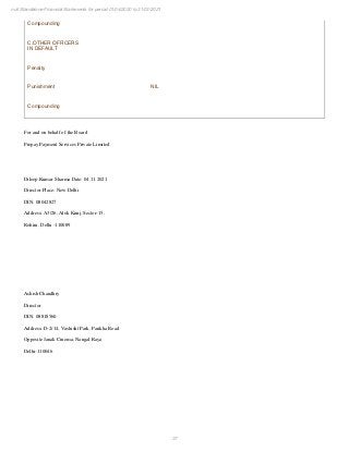 37
null Standalone Financial Statements for period 01/04/2020 to 31/03/2021
Compounding
C.OTHER OFFICERS
IN DEFAULT
Penalty
Punishment NIL
Compounding
For and on behalf of the Board
Prepay Payment Services Private Limited
Dileep Kumar Sharma Date: 04.11.2021
Director Place: New Delhi
DIN: 08042827
Address: A3/26, Alok Kunj, Sector-15,
Rohini, Delhi -110089
Ashish Chaudhry
Director
DIN: 08818560
Address: D-2/14, Vashisht Park, Pankha Road
Opposite Janak Cinema, Nangal Raya
Delhi-110046
 