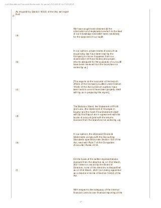 47
null Standalone Financial Statements for period 01/04/2020 to 31/03/2021
2.
As required by Section 143(3) of the Act, we report
that:
(a)
We have sought and obtained all the
information and explanations which to the best
of our knowledge and belief were necessary
for the purposes of our audit.
(b)
In our opinion, proper books of account as
required by law have been kept by the
Company so far as it appears from our
examination of those books [and proper
returns adequate for the purposes of our audit
have been received from the branches not
visited by us.]
(c)
[The reports on the accounts of the branch
offices of the Company audited under Section
143(8) of the Act by branch auditors have
been sent to us and have been properly dealt
with by us in preparing this report.]
(d)
The Balance Sheet, the Statement of Profit
and Loss, (the Statement of Changes in
Equity) and the Cash Flow Statement dealt
with by this Report are in agreement with the
books of account [and with the returns
received from the branches not visited by us].
(e)
In our opinion, the aforesaid Financial
Statements comply with the Accounting
Standards specified under Section 133 of the
Act, read with Rule 7 of the Companies
(Accounts) Rules, 2014.
(f)
On the basis of the written representations
received from the directors as on 31st March,
2021 taken on record by the Board of
Directors, none of the directors is disqualified
as on 31st March, 2021 from being appointed
as a director in terms of Section 164(2) of the
Act.
With respect to the adequacy of the internal
financial controls over financial reporting of the
 