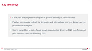 20
© 2022 Leonardo - Società per azioni
Key takeaways
FY 2021 Results
• Clear plan and progress on the path of gradual recovery in Aerostructures
• Positive commercial outlook in domestic and international markets based on key
products and strengths
• Strong capabilities to seize future growth opportunities driven by R&D tech-focus and
post pandemic National Recovery Fund
 