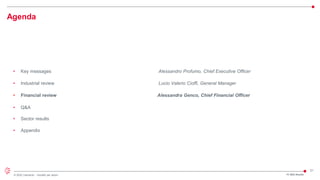 21
© 2022 Leonardo - Società per azioni
Agenda
FY 2021 Results
• Key messages Alessandro Profumo, Chief Executive Officer
• Industrial review Lucio Valerio Cioffi, General Manager
• Financial review Alessandra Genco, Chief Financial Officer
• Q&A
• Sector results
• Appendix
 