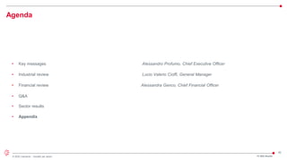 42
© 2022 Leonardo - Società per azioni
Agenda
FY 2021 Results
• Key messages Alessandro Profumo, Chief Executive Officer
• Industrial review Lucio Valerio Cioffi, General Manager
• Financial review Alessandra Genco, Chief Financial Officer
• Q&A
• Sector results
• Appendix
 