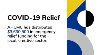 COVID-19 Relief
AHCMC has distributed
$3,630,500 in emergency
relief funding for the
local, creative sector.
 