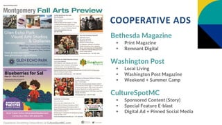 Bethesda Magazine
 Print Magazine
 Remnant Digital
Washington Post
 Local Living
 Washington Post Magazine
 Weekend + Summer Camp
CultureSpotMC
 Sponsored Content (Story)
 Special Feature E-blast
 Digital Ad + Pinned Social Media
COOPERATIVE ADS
 