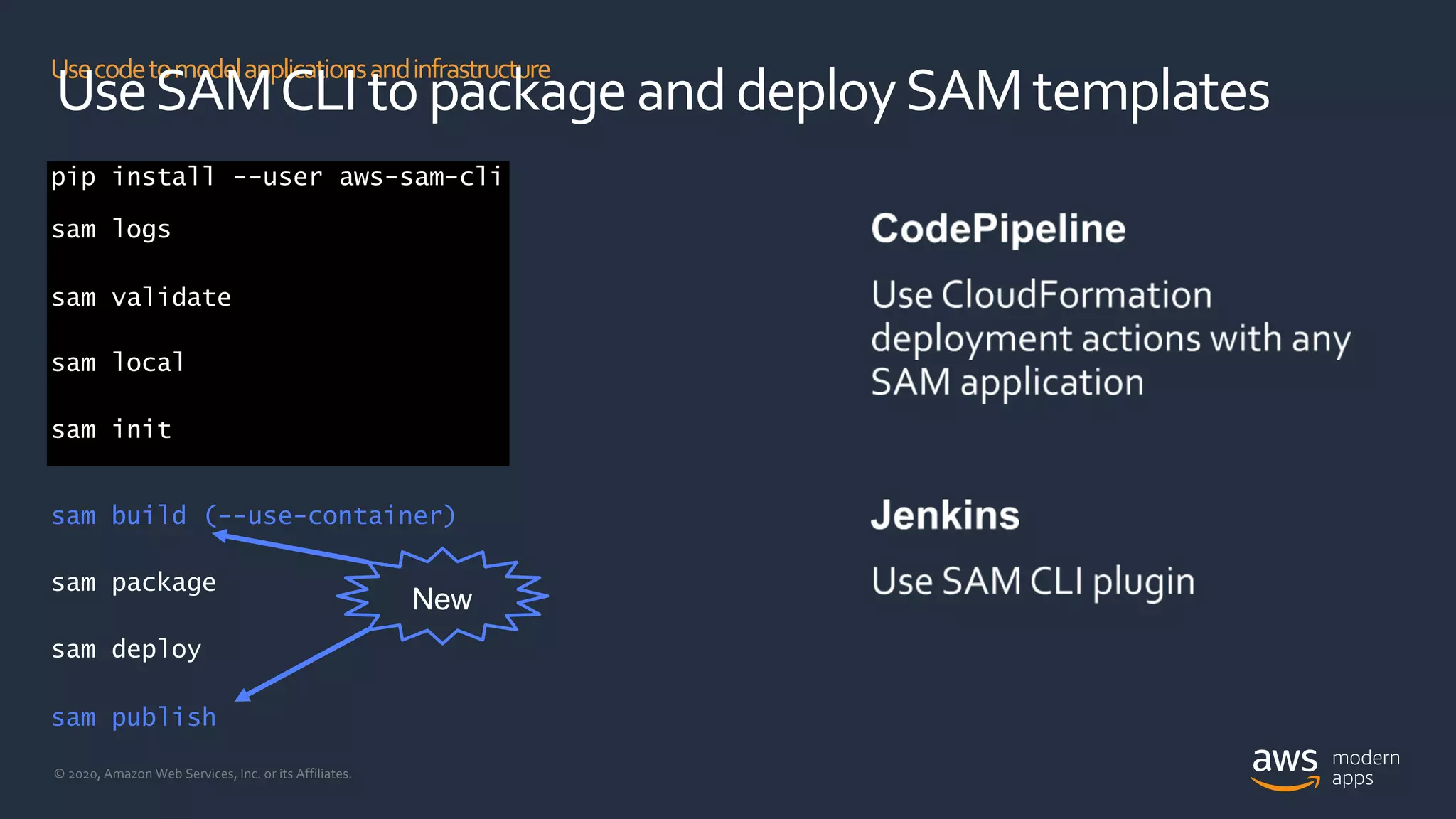 © 2020, Amazon Web Services, Inc. or its Affiliates.
Usecodetomodelapplicationsandinfrastructure
UseSAMCLItopackageanddeploySAMtemplates
sam build (--use-container)
sam package
sam deploy
sam publish
New
pip install --user aws-sam-cli
sam
sam
logs
validate
sam local
sam init
 