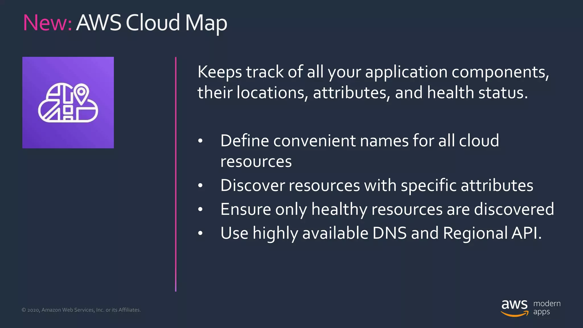 © 2020, Amazon Web Services, Inc. or its Affiliates.
Keeps track of all your application components,
their locations, attributes, and health status.
• Define convenient names for all cloud
resources
• Discover resources with specific attributes
• Ensure only healthy resources are discovered
• Use highly available DNS and Regional API.
New:AWSCloudMap
 