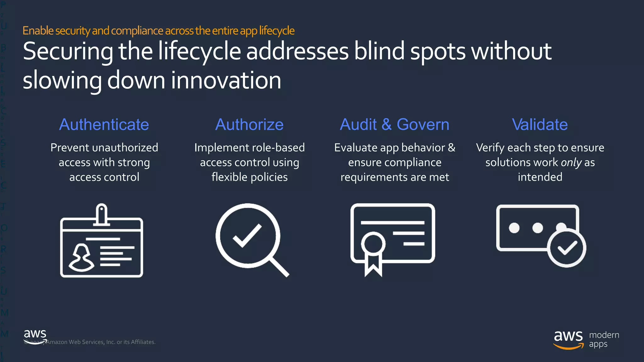 © 2020, Amazon Web Services, Inc. or its Affiliates.
Enablesecurityandcomplianceacrosstheentireapplifecycle
Securingthelifecycleaddresses blindspotswithout
slowingdown innovation
Authenticate
Prevent unauthorized
access with strong
access control
Authorize
Implement role-based
access control using
flexible policies
Audit & Govern
Evaluate app behavior &
ensure compliance
requirements are met
Validate
Verify each step to ensure
solutions work only as
intended
P
U
B
L
I
C
S
E
C
T
O
R
S
U
M
M
I
©
2
0
1
9
,
A
m
a
z
o
n
W
e
b
S
e
r
v
i
c
e
s
,
I
n
c
.
o
r
i
t
s
a
f
f
i
l
i
a
t
e
s
.
A
l
l
r
i
g
 