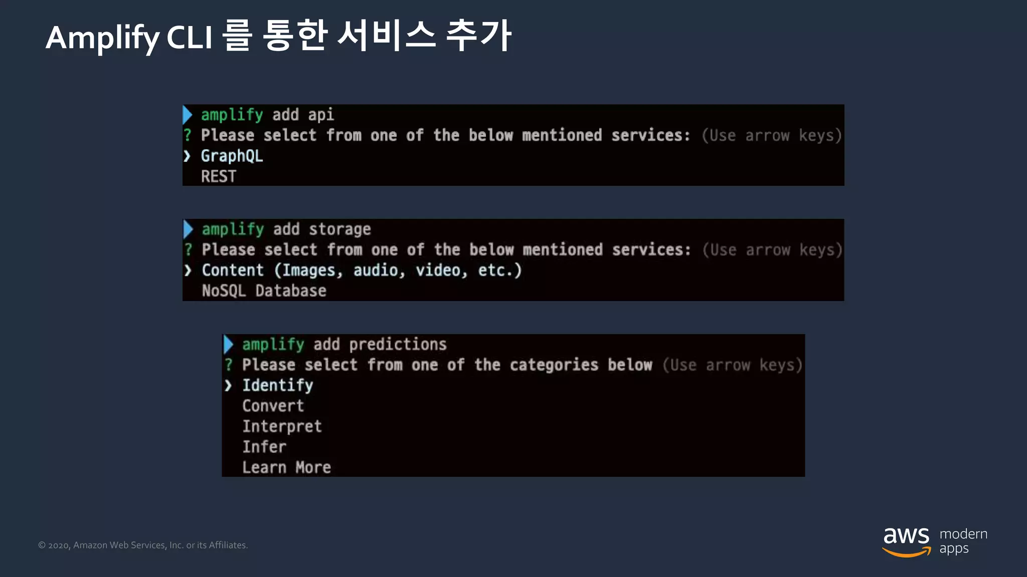 © 2020, Amazon Web Services, Inc. or its Affiliates.
Amplify CLI 를 통한 서비스 추가
 