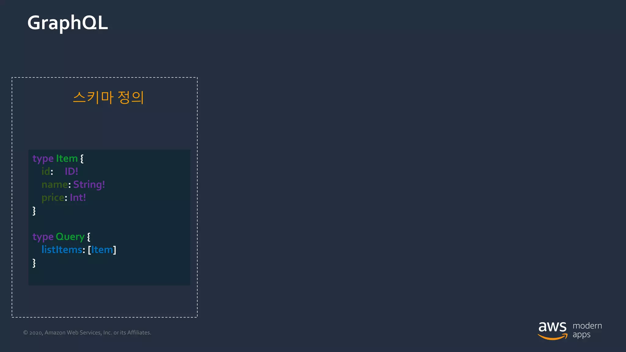© 2020, Amazon Web Services, Inc. or its Affiliates.
GraphQL
type Item {
id: ID!
name: String!
price: Int!
}
type Query {
listItems: [Item]
}
스키마 정의
 
