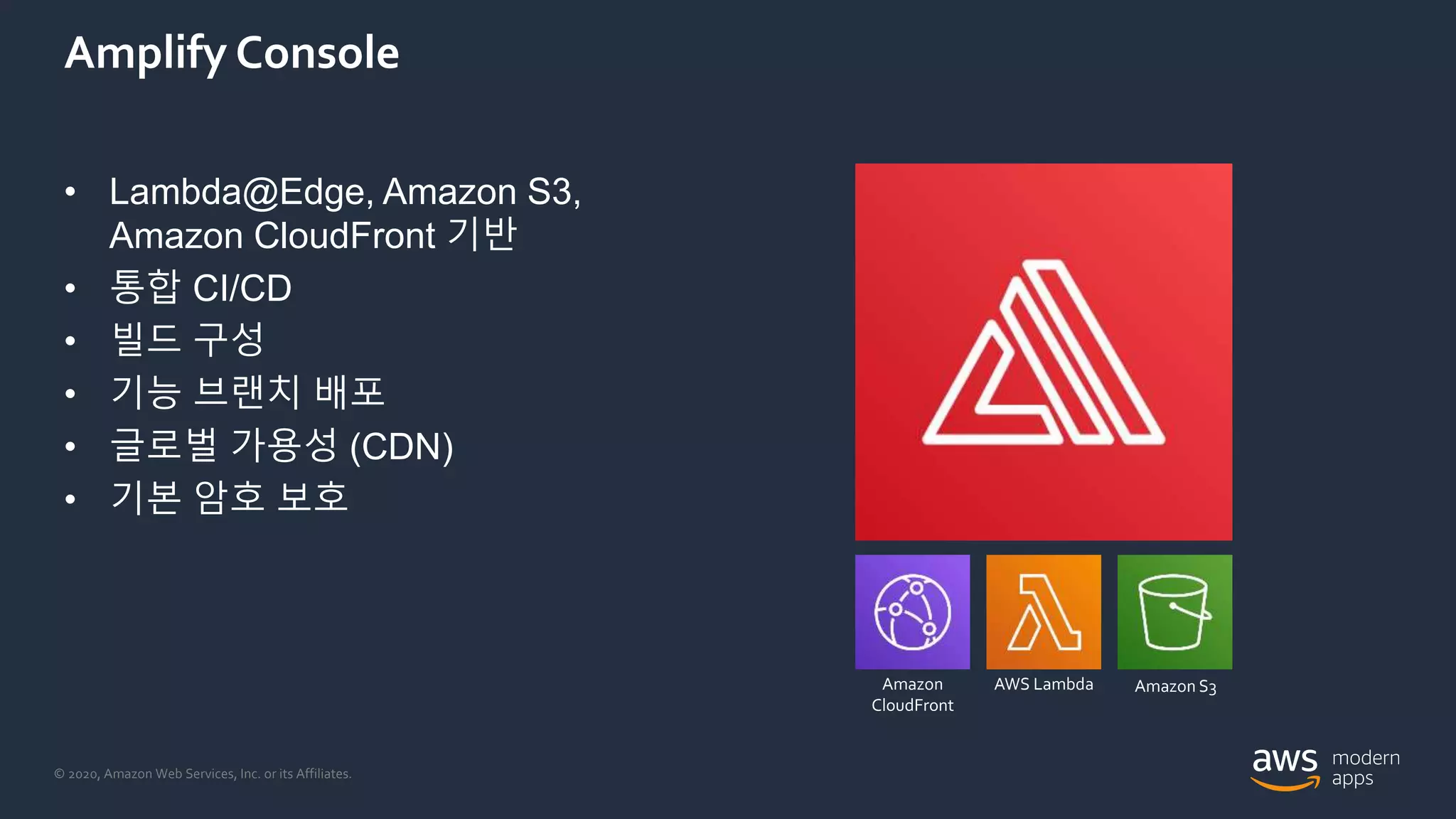 © 2020, Amazon Web Services, Inc. or its Affiliates.
Amplify Console
• Lambda@Edge, Amazon S3,
Amazon CloudFront 기반
• 통합 CI/CD
• 빌드 구성
• 기능 브랜치 배포
• 글로벌 가용성 (CDN)
• 기본 암호 보호
AWS Lambda Amazon S3Amazon
CloudFront
 