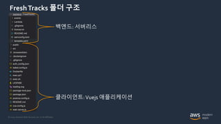© 2020, Amazon Web Services, Inc. or its Affiliates.
FreshTracks 폴더 구조
클라이언트:Vuejs 애플리케이션
백엔드: 서버리스
 