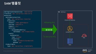 © 2020, Amazon Web Services, Inc. or its Affiliates.
SAM 템플릿
AWSTemplateFormatVersion: '2010-09-09’
Transform: AWS::Serverless-2016-10-31
Resources:
GetProductsFunction:
Type: AWS::Serverless::Function
Properties:
Handler: index.getProducts
Runtime: nodejs12.x
CodeUri: src/
Policies:
- DynamoDBReadPolicy:
TableName: !Ref ProductTable
Events:
GetResource:
Type: HttpApi
Properties:
Path: /products/{productId}
Method: get
ProductTable:
Type: AWS::Serverless::SimpleTable
Amazon API Gateway
Lambda function
Table
Role
===
To become this
Allowing this
AWS Cloud
 