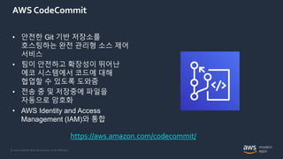 © 2020, Amazon Web Services, Inc. or its Affiliates.
AWS CodeCommit
• 안전한 Git 기반 저장소를
호스팅하는 완전 관리형 소스 제어
서비스
• 팀이 안전하고 확장성이 뛰어난
에코 시스템에서 코드에 대해
협업할 수 있도록 도와줌
• 전송 중 및 저장중에 파일을
자동으로 암호화
• AWS Identity and Access
Management (IAM)와 통합
https://aws.amazon.com/codecommit/
 