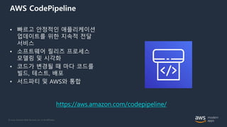 © 2020, Amazon Web Services, Inc. or its Affiliates.
AWS CodePipeline
• 빠르고 안정적인 애플리케이션
업데이트를 위한 지속적 전달
서비스
• 소프트웨어 릴리즈 프로세스
모델링 및 시각화
• 코드가 변경될 때 마다 코드를
빌드, 테스트, 배포
• 서드파티 및 AWS와 통합
https://aws.amazon.com/codepipeline/
 