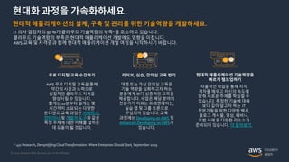 © 2020, Amazon Web Services, Inc. or its Affiliates.
현대화 과정을 가속화하세요.
IT 의사 결정자의 90 %가 클라우드 기술역량의 부족1 을 호소하고 있습니다.
클라우드 기술역량의 부족은 현대적 애플리케이션 개발에도 영향을 미칩니다.
AWS 교육 및 자격증과 함께 현대적 애플리케이션 개발 여정을 시작하시기 바랍니다.
현대적 애플리케이션의 설계, 구축 및 관리를 위한 기술역량을 개발하세요.
무료 디지털 교육 수강하기
AWS 무료 디지털 교육을 통해
약간의 시간과 노력으로
실질적인 클라우드 지식을
향상시킬 수 있습니다.
짧게는 10분부터 길게는 몇
시간까지 소요되는 다양한
온디맨드 교육 과정은 서버리스,
컨테이너 및 개발자 도구와 같은
특정 주제에 대한 이해를 넓히는
데 도움이 될 것입니다.
라이브, 실습, 강의실 교육 받기
대면 또는 가상 강의실 교육은
기술 역량을 심화하고자 하는
분들에게 보다 심층적인 교육을
제공합니다. 수업은 해당 분야의
전문가가 이끄는 프레젠테이션,
실습 랩 및 그룹 토론으로
구성되어 있습니다. 교육
과정에는 Developing on AWS 및
Advanced Developing on AWS가
있습니다.
현대적 애플리케이션 기술역량을
빠르게 램프업하기
자율적인 학습을 통해 지식
격차를 메우고 자신의 속도에
맞춰 새로운 주제를 학습할 수
있습니다. 특정한 기술에 대해
보다 깊이 알고자 하는 IT
전문가들을 위한 다양한 백서,
블로그 게시물, 영상, 웨비나,
모범 사례 등 다양한 리소스가
준비되어 있습니다. 더 알아보기.
1 451 Research, DemystifyingCloudTransformation:Where Enterprises Should Start, September 2019.
 