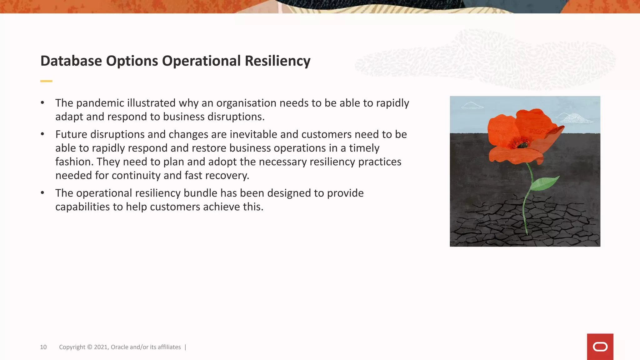 Database Options Operational Resiliency
• The pandemic illustrated why an organisation needs to be able to rapidly
adapt and respond to business disruptions.
• Future disruptions and changes are inevitable and customers need to be
able to rapidly respond and restore business operations in a timely
fashion. They need to plan and adopt the necessary resiliency practices
needed for continuity and fast recovery.
• The operational resiliency bundle has been designed to provide
capabilities to help customers achieve this.
10 Copyright © 2021, Oracle and/or its affiliates |
 