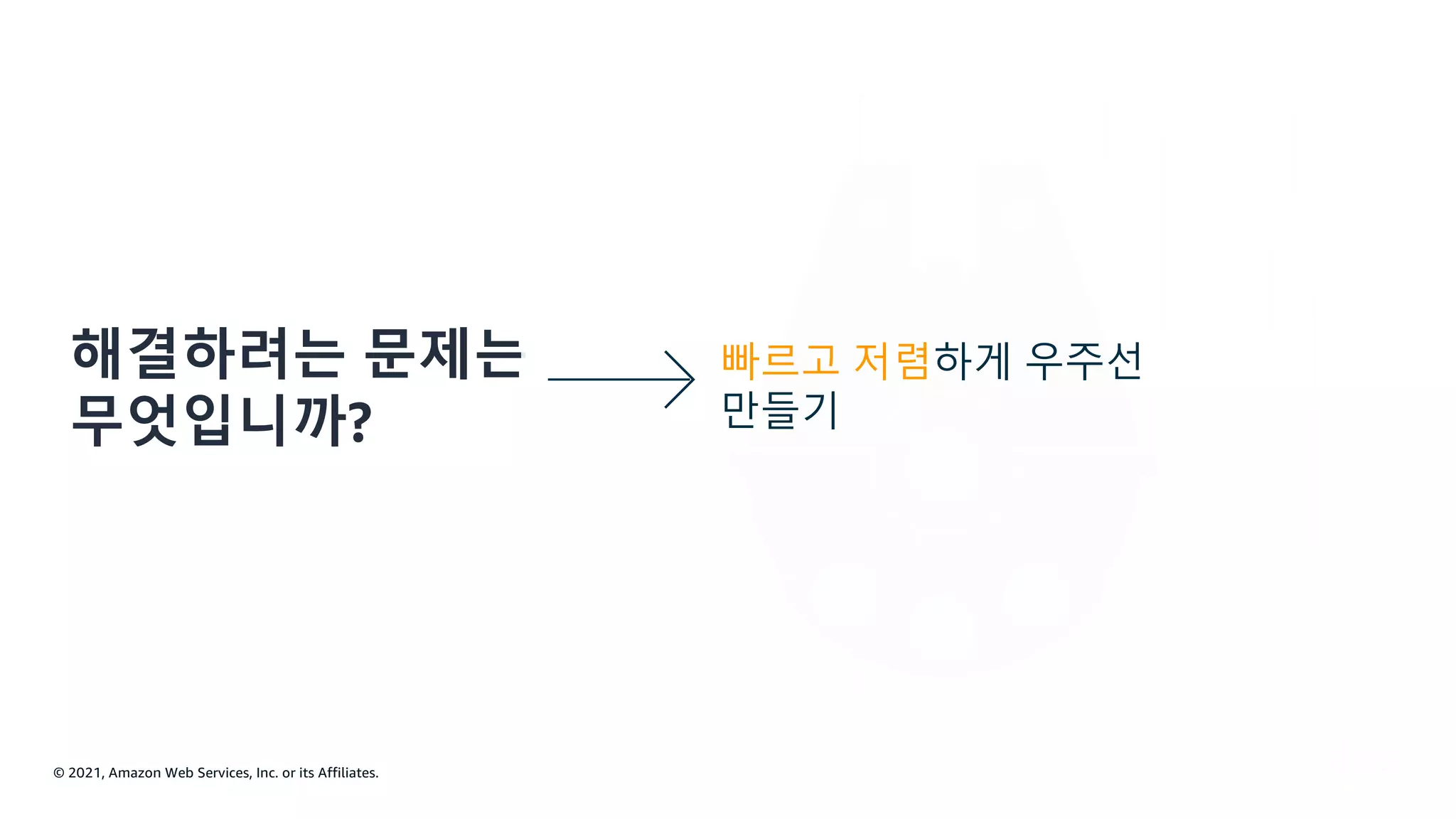 © 2021, Amazon Web Services, Inc. or its Affiliates.
해결하려는 문제는
무엇입니까?
빠르고 저렴하게 우주선
만들기
 