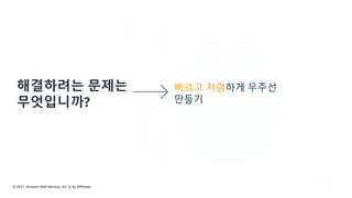 © 2021, Amazon Web Services, Inc. or its Affiliates.
해결하려는 문제는
무엇입니까?
빠르고 저렴하게 우주선
만들기
 