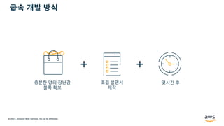 © 2021, Amazon Web Services, Inc. or its Affiliates.
충분한 양의 장난감
블록 확보
조립 설명서
제작
몇시간 후
급속 개발 방식
 