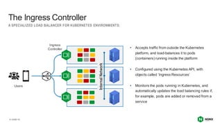 | ©2021 F5
8
• Accepts traffic from outside the Kubernetes
platform, and load-balances it to pods
(containers) running inside the platform
• Configured using the Kubernetes API, with
objects called ‘Ingress Resources’
• Monitors the pods running in Kubernetes, and
automatically updates the load balancing rules if,
for example, pods are added or removed from a
service
A SPECIALIZED LOAD BALANCER FOR KUBERNETES ENVIRONMENTS:
The Ingress Controller
Internal
Network
Users
Ingress
Controller
 