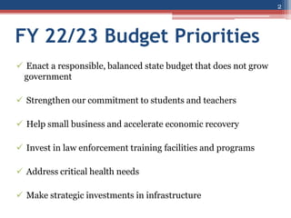 FY 22/23 Budget Priorities
 Enact a responsible, balanced state budget that does not grow
government
 Strengthen our commitment to students and teachers
 Help small business and accelerate economic recovery
 Invest in law enforcement training facilities and programs
 Address critical health needs
 Make strategic investments in infrastructure
2
 