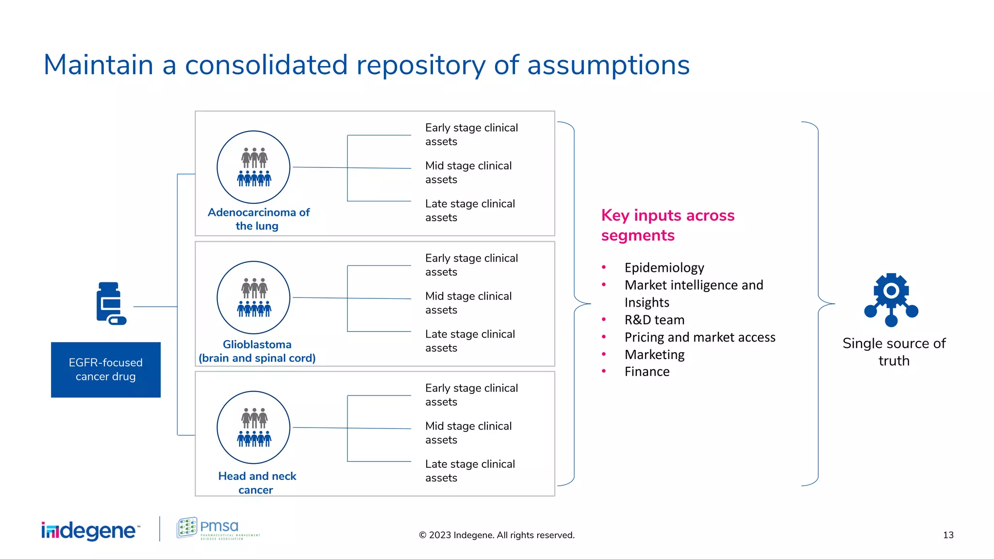 © 2023 Indegene. All rights reserved. 13
Maintain a consolidated repository of assumptions
Adenocarcinoma of
the lung
EGFR-focused
cancer drug
Early stage clinical
assets
Mid stage clinical
assets
Late stage clinical
assets Key inputs across
segments
• Epidemiology
• Market intelligence and
Insights
• R&D team
• Pricing and market access
• Marketing
• Finance
Single source of
truth
Glioblastoma
(brain and spinal cord)
Early stage clinical
assets
Mid stage clinical
assets
Late stage clinical
assets
Head and neck
cancer
Early stage clinical
assets
Mid stage clinical
assets
Late stage clinical
assets
 