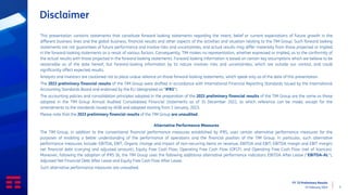 FY ‘23 Preliminary Results
15 February 2024 2
Disclaimer
This presentation contains statements that constitute forward looking statements regarding the intent, belief or current expectations of future growth in the
different business lines and the global business, financial results and other aspects of the activities and situation relating to the TIM Group. Such forward looking
statements are not guarantees of future performance and involve risks and uncertainties, and actual results may differ materially from those projected or implied
in the forward-looking statements as a result of various factors. Consequently, TIM makes no representation, whether expressed or implied, as to the conformity of
the actual results with those projected in the forward-looking statements. Forward looking information is based on certain key assumptions which we believe to be
reasonable as of the date hereof, but forward-looking information by its nature involves risks and uncertainties, which are outside our control, and could
significantly affect expected results.
Analysts and investors are cautioned not to place undue reliance on those forward-looking statements, which speak only as of the date of this presentation.
The 2023 preliminary financial results of the TIM Group were drafted in accordance with International Financial Reporting Standards issued by the International
Accounting Standards Board and endorsed by the EU (designated as “IFRS”).
The accounting policies and consolidation principles adopted in the preparation of the 2023 preliminary financial results of the TIM Group are the same as those
adopted in the TIM Group Annual Audited Consolidated Financial Statements as of 31 December 2022, to which reference can be made, except for the
amendments to the standards issued by IASB and adopted starting from 1 January, 2023.
Please note that the 2023 preliminary financial results of the TIM Group are unaudited.
Alternative Performance Measures
The TIM Group, in addition to the conventional financial performance measures established by IFRS, uses certain alternative performance measures for the
purposes of enabling a better understanding of the performance of operations and the financial position of the TIM Group. In particular, such alternative
performance measures include: EBITDA, EBIT, Organic change and impact of non-recurring items on revenue, EBITDA and EBIT; EBITDA margin and EBIT margin;
net financial debt (carrying and adjusted amount), Equity Free Cash Flow, Operating Free Cash Flow (OFCF) and Operating Free Cash Flow (net of licences).
Moreover, following the adoption of IFRS 16, the TIM Group uses the following additional alternative performance indicators: EBITDA After Lease ("EBITDA-AL"),
Adjusted Net Financial Debt After Lease and Equity Free Cash Flow After Lease.
Such alternative performance measures are unaudited.
 