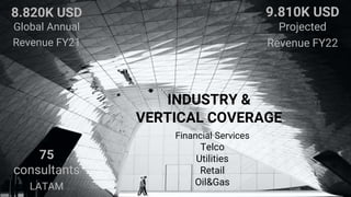 8.820K USD
Global Annual
Revenue FY21
9.810K USD
Projected
Revenue FY22
75
consultants
LATAM
INDUSTRY &
VERTICAL COVERAGE
Financial Services
Telco
Utilities
Retail
Oil&Gas
 