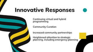 Innovative Responses
Community Curation
Increased community partnerships
Heightened attention to strategic
planning, including emergency planning
Continuing virtual and hybrid
programming
 