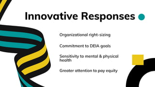 Innovative Responses
Organizational right-sizing
Commitment to DEIA goals
Sensitivity to mental & physical
health
Greater attention to pay equity
 