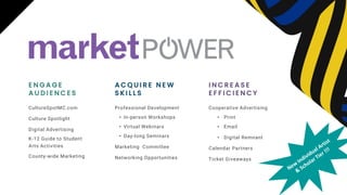 E N G A G E
A U D I E N C E S
CultureSpotMC.com
Culture Spotlight
Digital Advertising
K-12 Guide to Student
Arts Activities
County-wide Marketing
A C Q U I R E N E W
S K I L L S
Professional Development
• In-person Workshops
• Virtual Webinars
• Day-long Seminars
Marketing Committee
Networking Opportunities
I N C R E A S E
E F F I C I E N C Y
Cooperative Advertising
• Print
• Email
• Digital Remnant
Calendar Partners
Ticket Giveaways
 