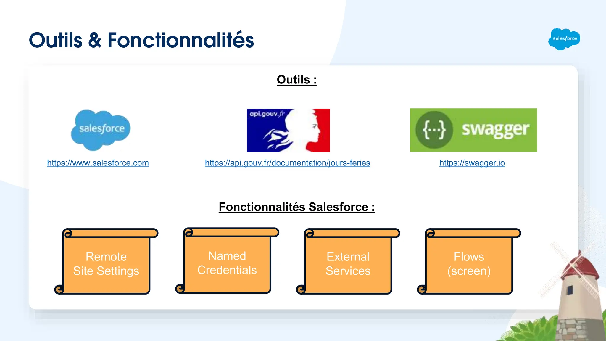 Outils & Fonctionnalités
Outils :
Fonctionnalités Salesforce :
https://swagger.io
https://api.gouv.fr/documentation/jours-feries
https://www.salesforce.com
Named
Credentials
Flows
(screen)
External
Services
Remote
Site Settings
 